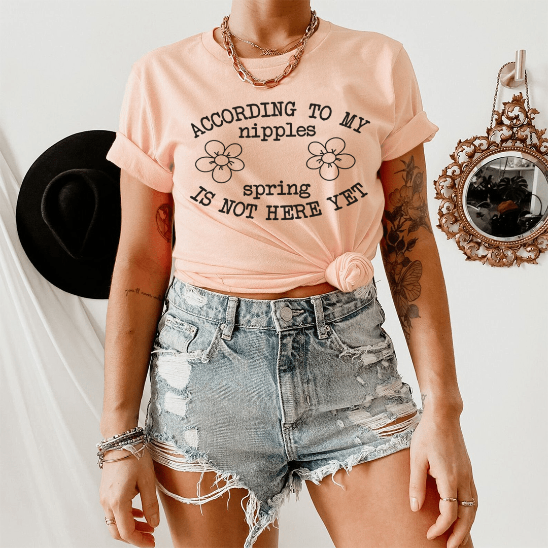 A humorous t-shirt featuring the phrase 'According To My Nipples Spring Is Not Here Yet', made from soft cotton with double stitching.