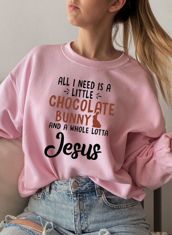 Cozy chocolate bunny sweatshirt featuring a playful design, made from soft cotton/poly fleece blend.