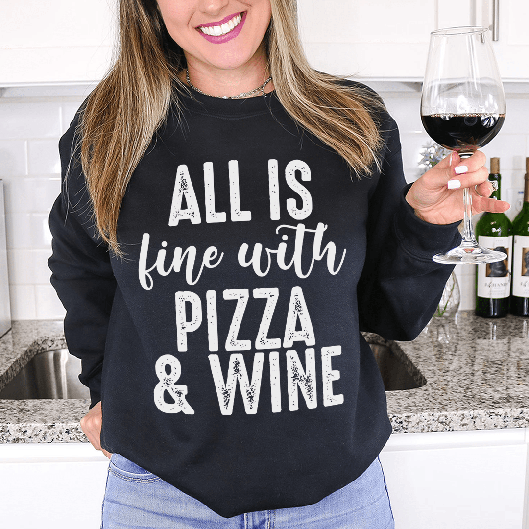 Cozy hoodie featuring a fun pizza and wine design, made from soft cotton/poly fleece blend.