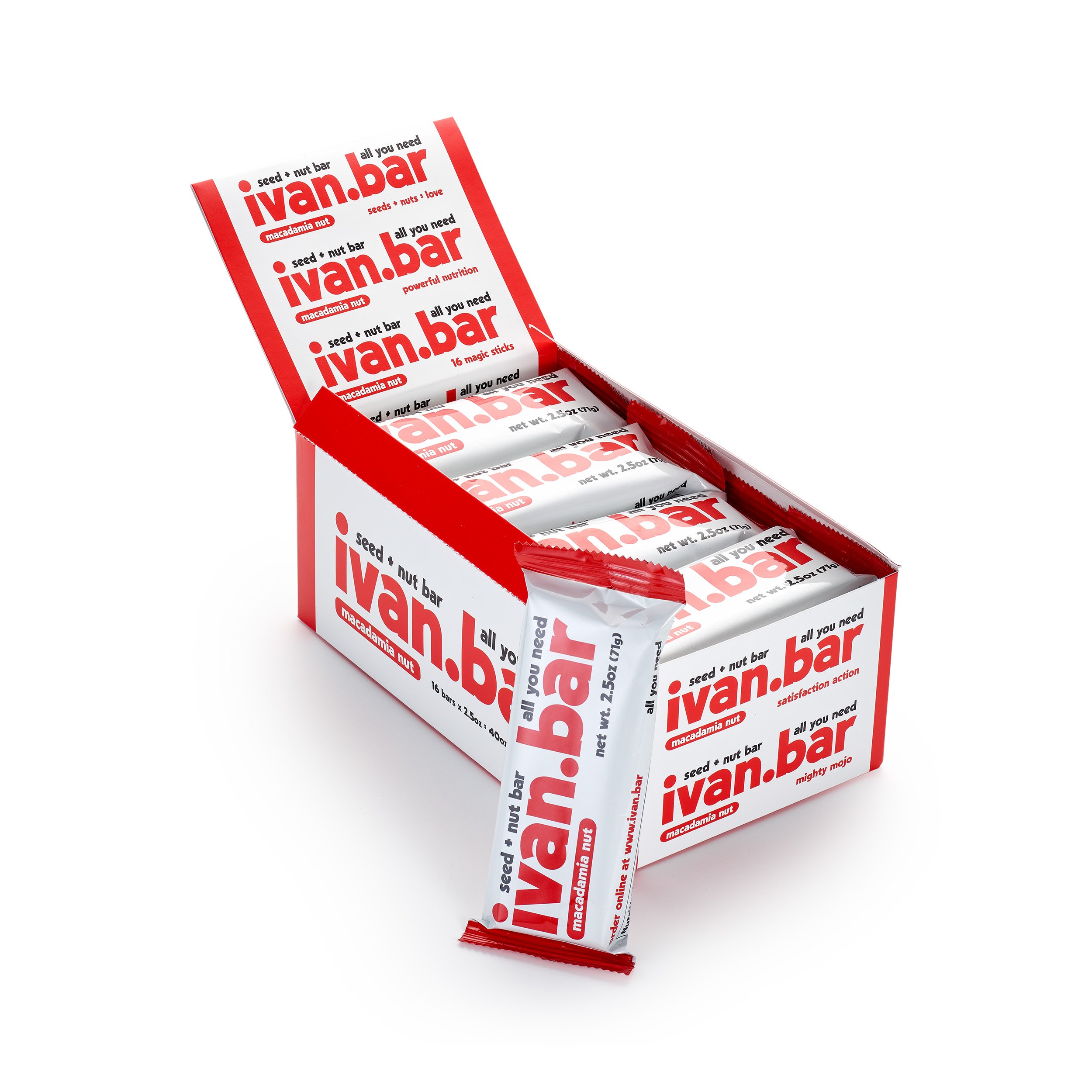 A pack of 16 Almond Macadamia Seed + Nut Bars, showcasing their nutty texture and wholesome ingredients.