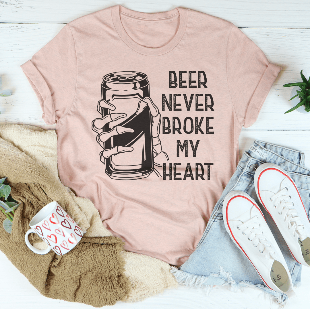 Beer Never Broke My Heart Skull T-Shirt featuring a unique skull graphic on a soft cotton fabric.