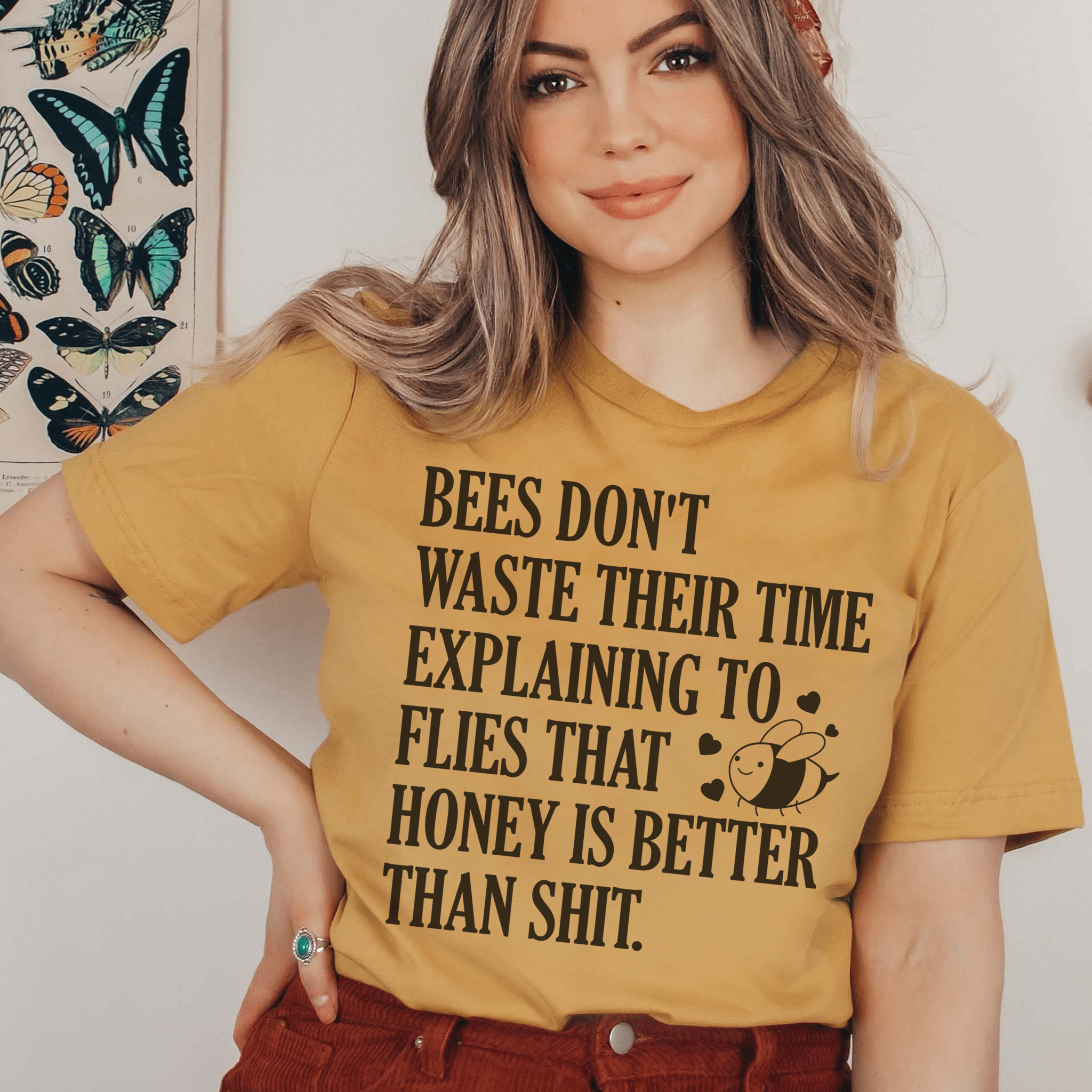 Bees Don't Waste Their Time T-Shirt in various colors, showcasing its soft fabric and durable stitching.