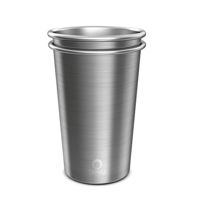 Two Bevu® FIESTA Steel Cups in silver, showcasing their sleek design and lightweight construction, perfect for parties and outdoor use.
