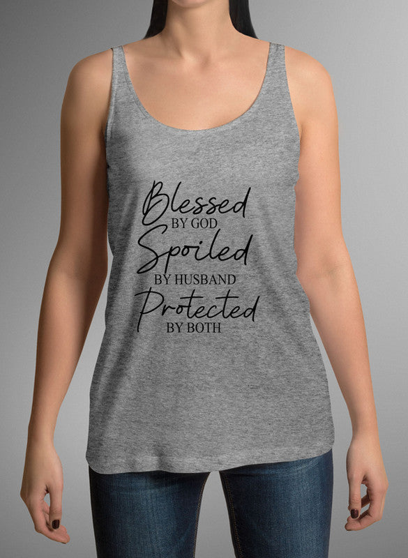 Blessed By God Spoiled By Husband Tank Top featuring a racer back style and curved hem, made from quick-drying fabric with UV protection.