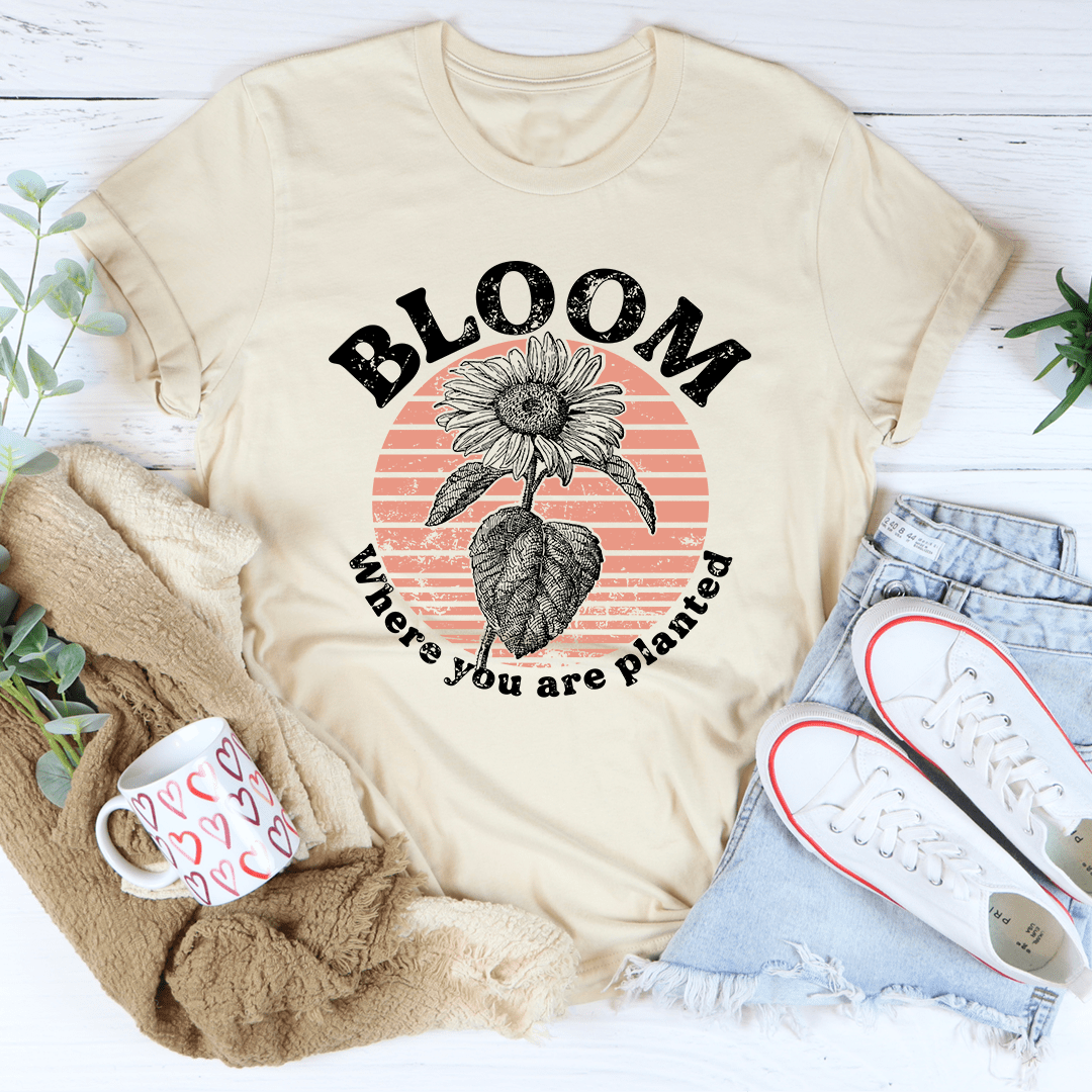 A comfortable Bloom Where You Are Planted T-Shirt made from soft ring-spun cotton, featuring a stylish design and durable stitching.