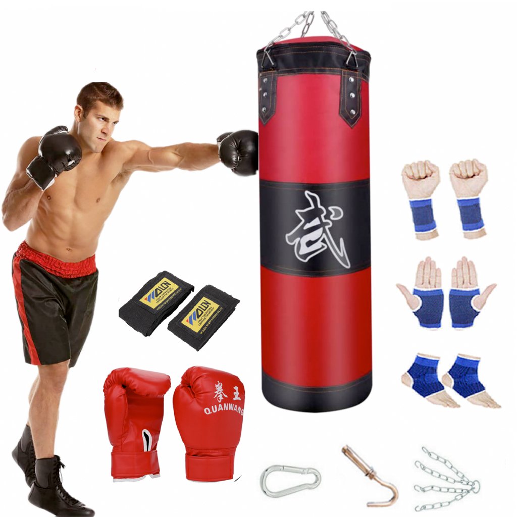 Boxing Trainer Fitness Punching Bag Set featuring a durable red punching bag, boxing gloves, and hanging accessories for training.