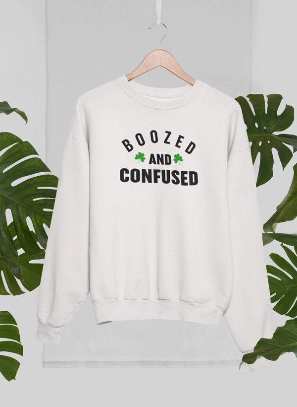 Boozed & Confused Sweat Shirt featuring unique artistic designs, made from soft cotton/poly fleece blend.