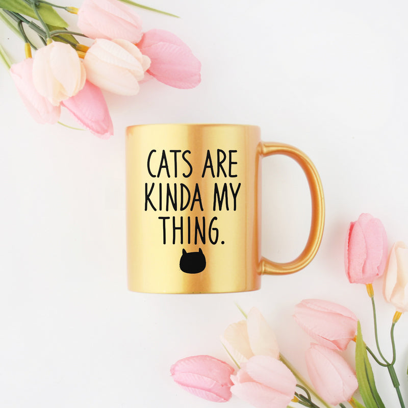 Cats Are Kinda My Thing Gold & Silver Mug with elegant design and ceramic material, perfect for cat lovers.