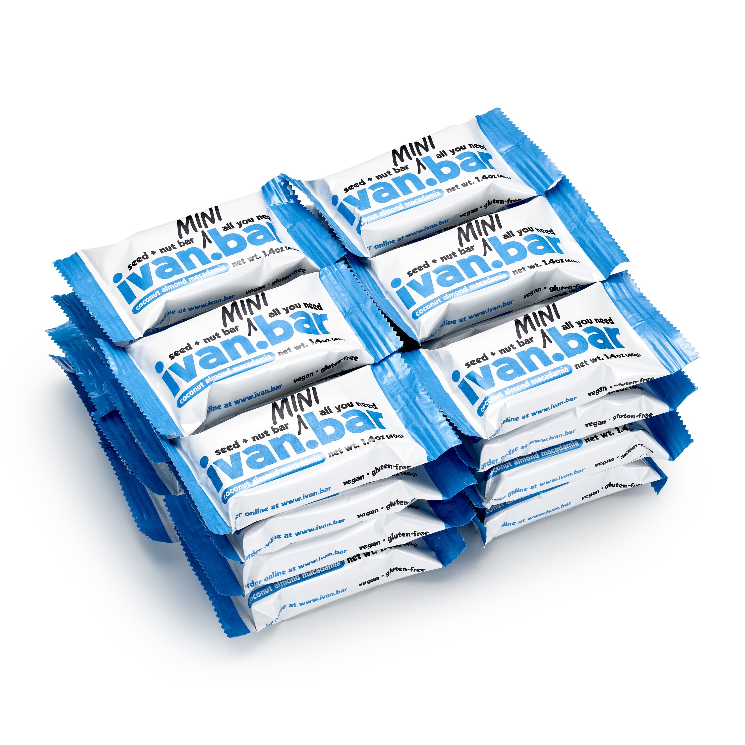 A box of Coconut Almond Macadamia Mini bars, showcasing the delicious nut and seed bars with coconut, almonds, and macadamia nuts.