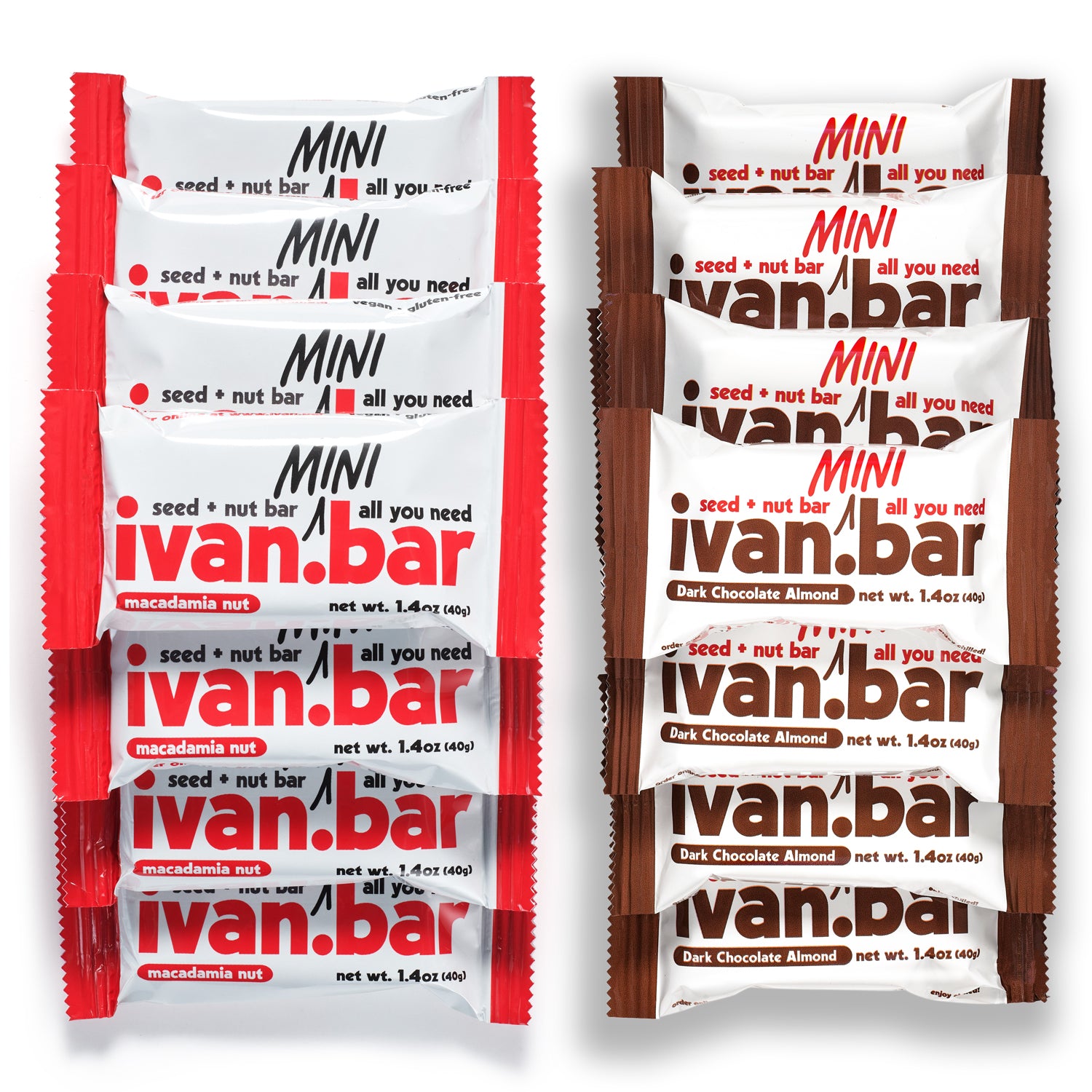 Combo Box containing 24 mini seed and nut bars, featuring almond macadamia and dark chocolate almond flavors.