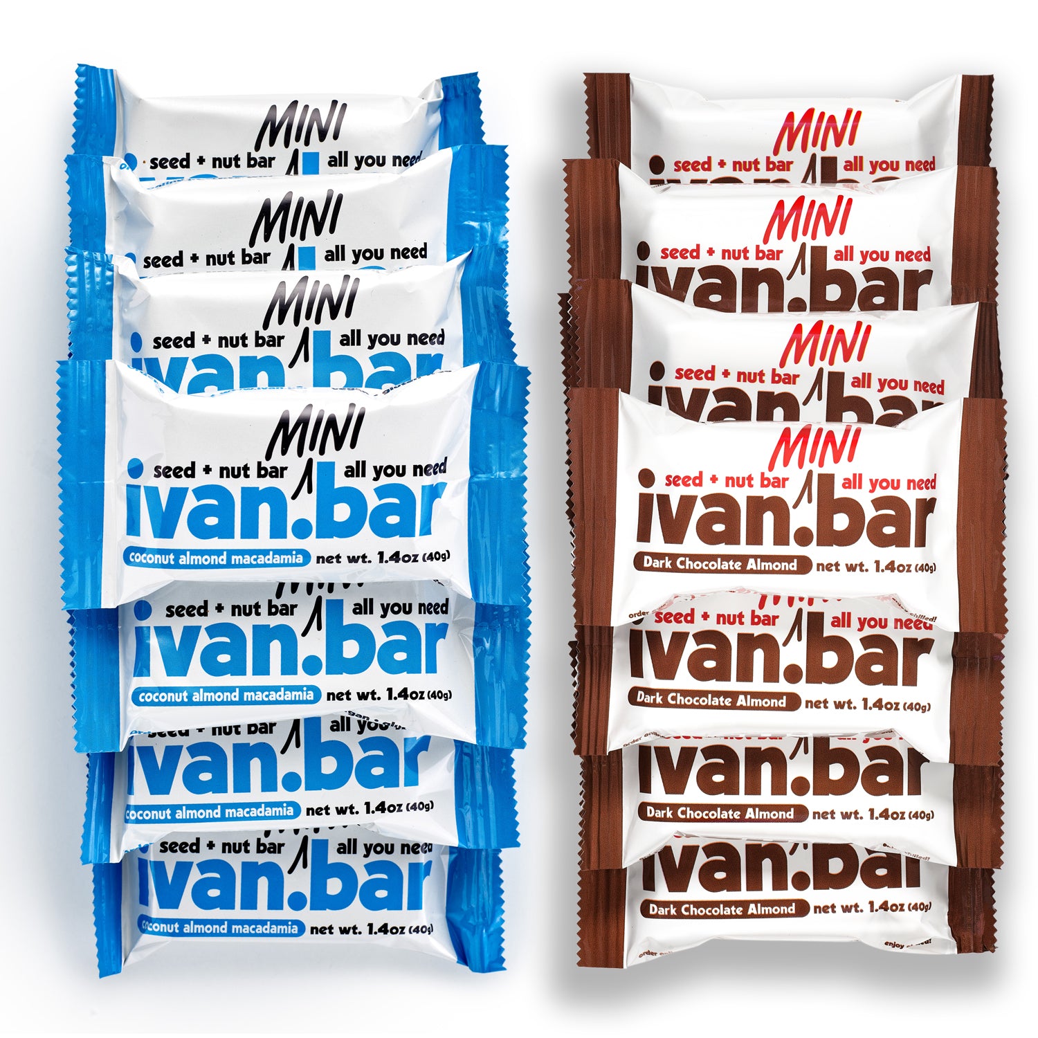 Combo box containing Dark Chocolate Almond and Coconut Almond Macadamia Mini Seed bars, showcasing a variety of flavors and textures.