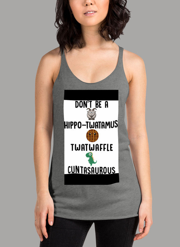 Black women tank top featuring a unique and humorous design, racer back style, and comfortable fit, perfect for workouts and casual wear.