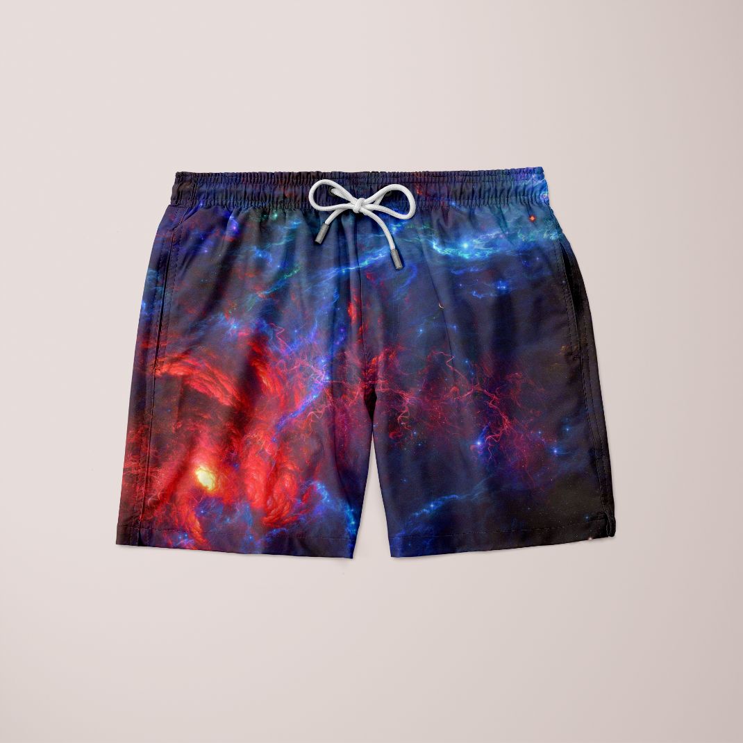 Fable Galaxy Shorts featuring a unique full print design, made from 100% microfiber, showcasing vibrant colors and a stylish fit.