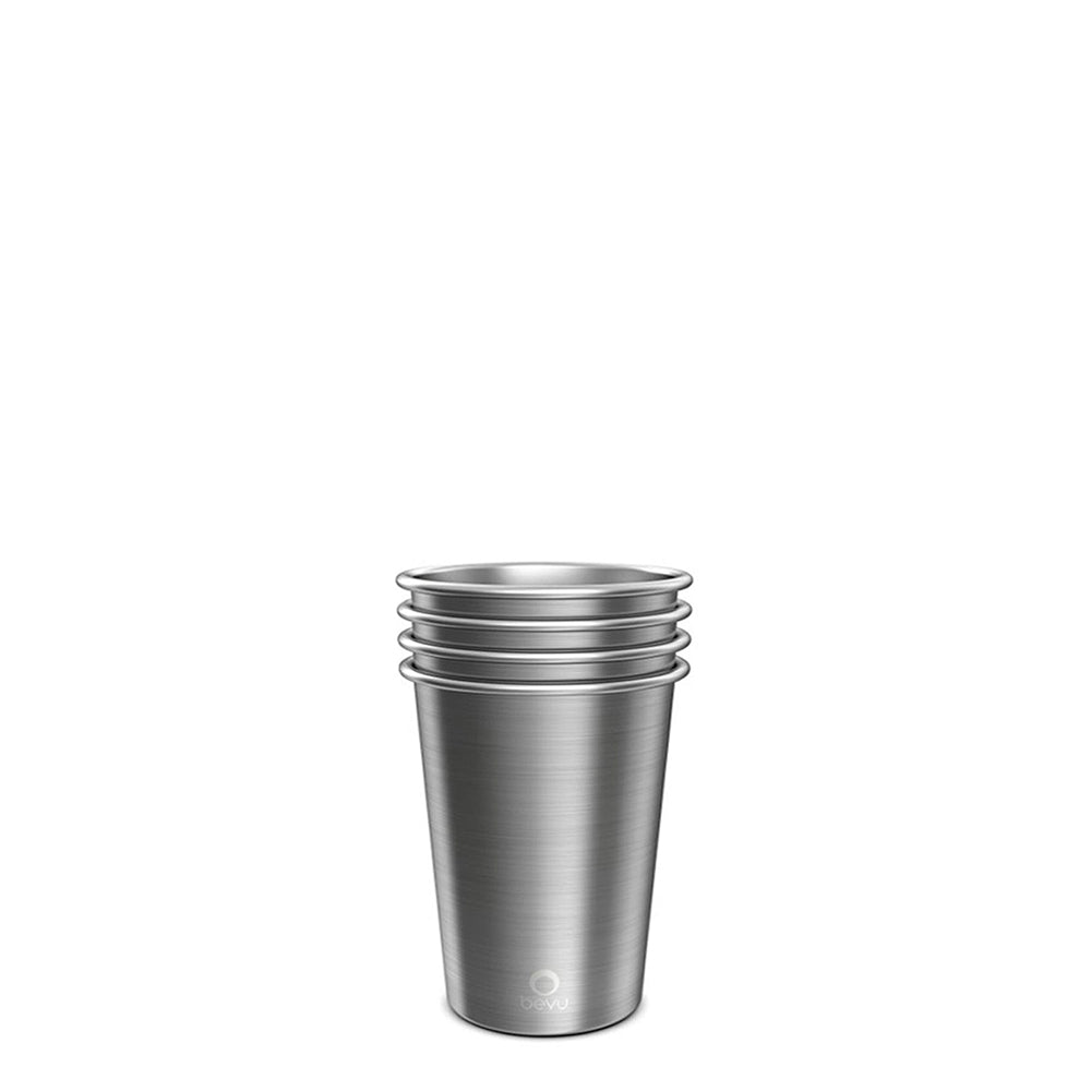 Four FIESTA Steel Cups stacked together, showcasing their sleek stainless steel design and lightweight construction, perfect for parties and outdoor activities.