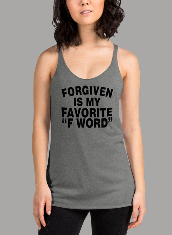 Black women tank top featuring the phrase 'Forgiven Is My Favorite F Word' in a stylish design, perfect for workouts and casual wear.