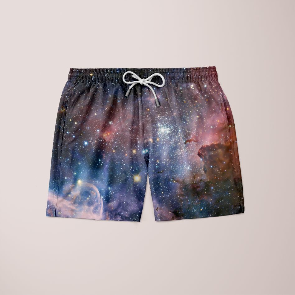 A pair of Formed Galaxy Shorts featuring a vibrant full print design, made from 100% microfiber, showcasing a stylish and comfortable fit.