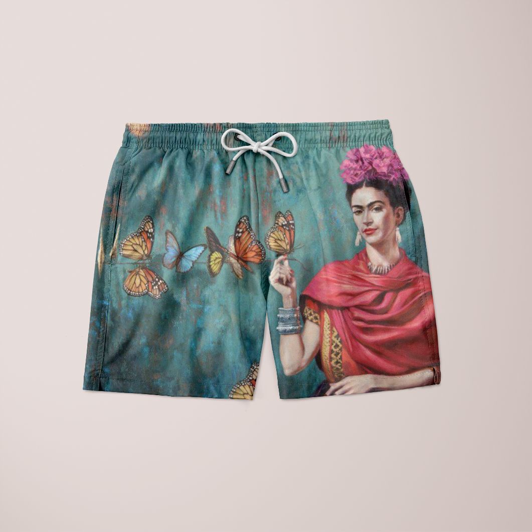 Frida Wutoneh Shorts featuring a unique full print design, made from 100% microfiber, showcasing a stylish and comfortable fit.