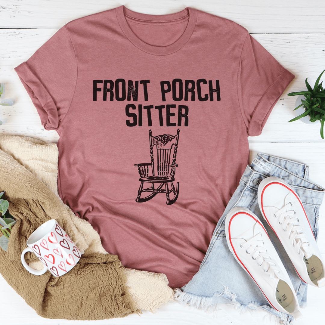 Front Porch Sitter Tee in soft ring-spun cotton, featuring double stitching for durability, available in various sizes.