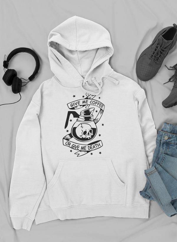 A stylish hoodie featuring the phrase 'Give Me Coffee Or Give Me Death', made from a soft cotton/poly fleece blend, perfect for coffee lovers.