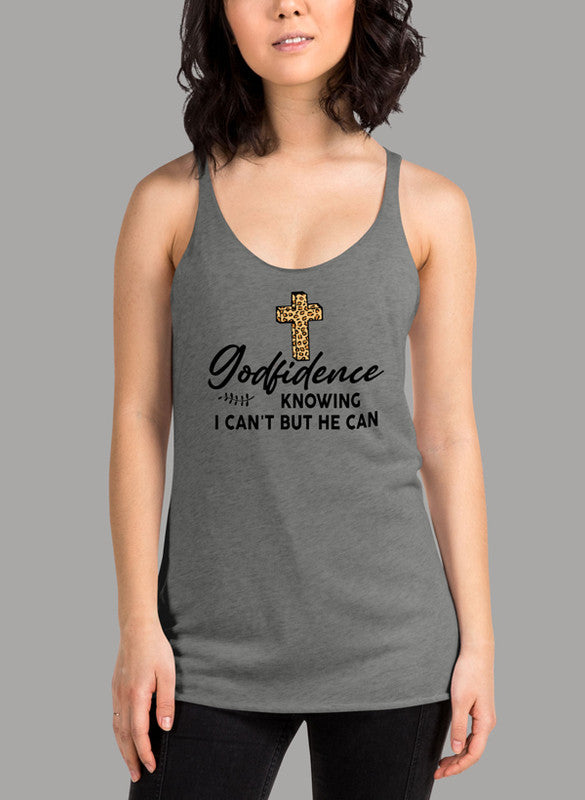 Godfidence Knowing I Can’t But He Can Women's Tank Top in a stylish racer back design, showcasing its curved back hem and Neoteric™ fabric.