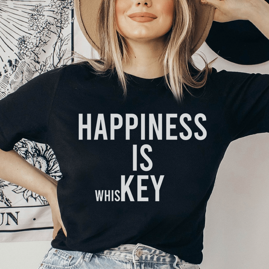 Happiness Is Key T-Shirt displayed on a mannequin, showcasing its soft cotton fabric and double-stitched neckline.