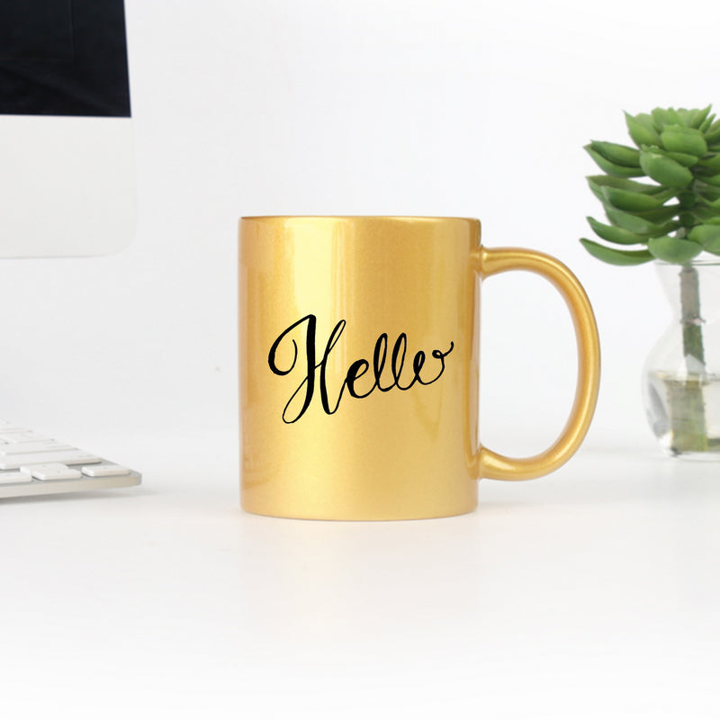 Hello Dots Hand Lettering Mug in lavender with gold and silver accents, showcasing elegant design and ceramic material.