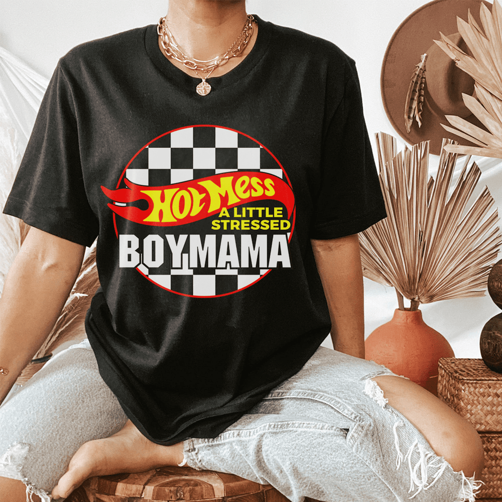 Hot Mess Boy Mama t-shirt in soft ring-spun cotton, featuring double stitching for durability and a stylish design.