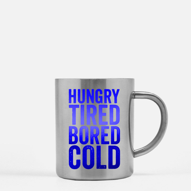 Hungry Tired Bored Cold Gold & Silver Mug with elegant gold metallic coating and unique design, perfect for stylish beverage enjoyment.