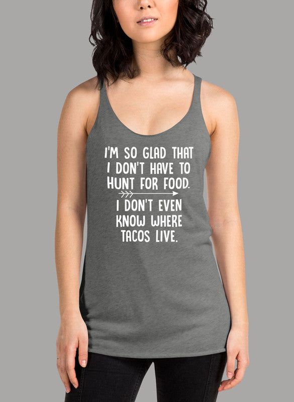 Hunt For Food Women's Tank Top in a stylish racer back design, showcasing its moisture-wicking fabric and curved back hem.