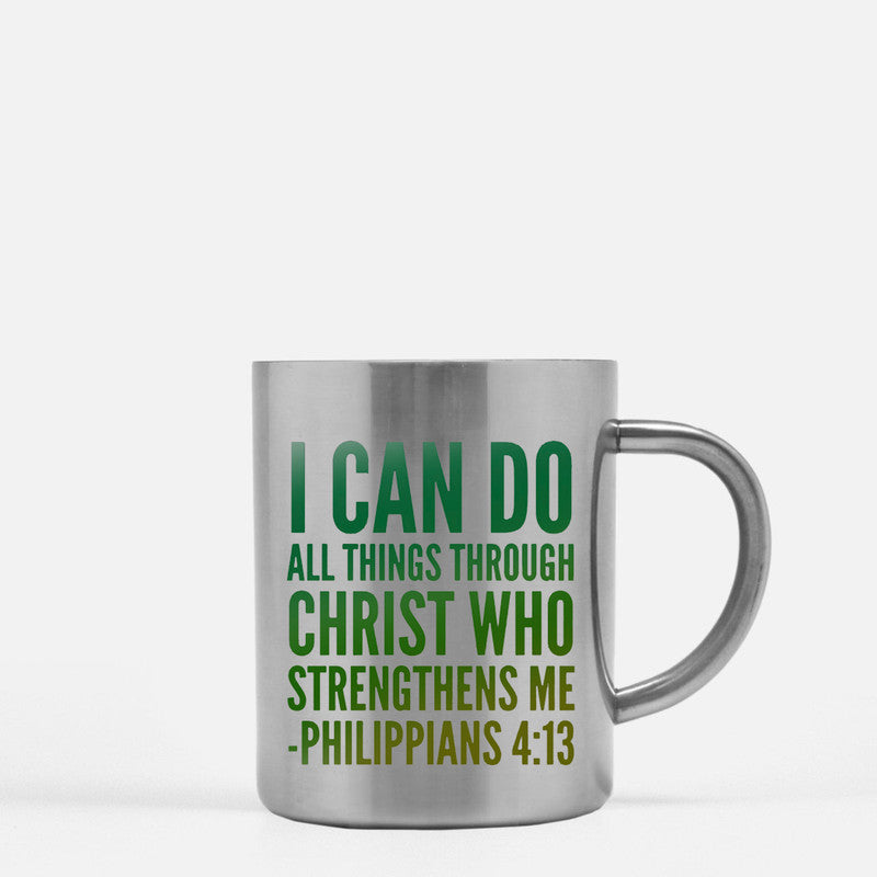 Ceramic mug with gold metallic coating featuring Philippians 4:13 inspirational quote.