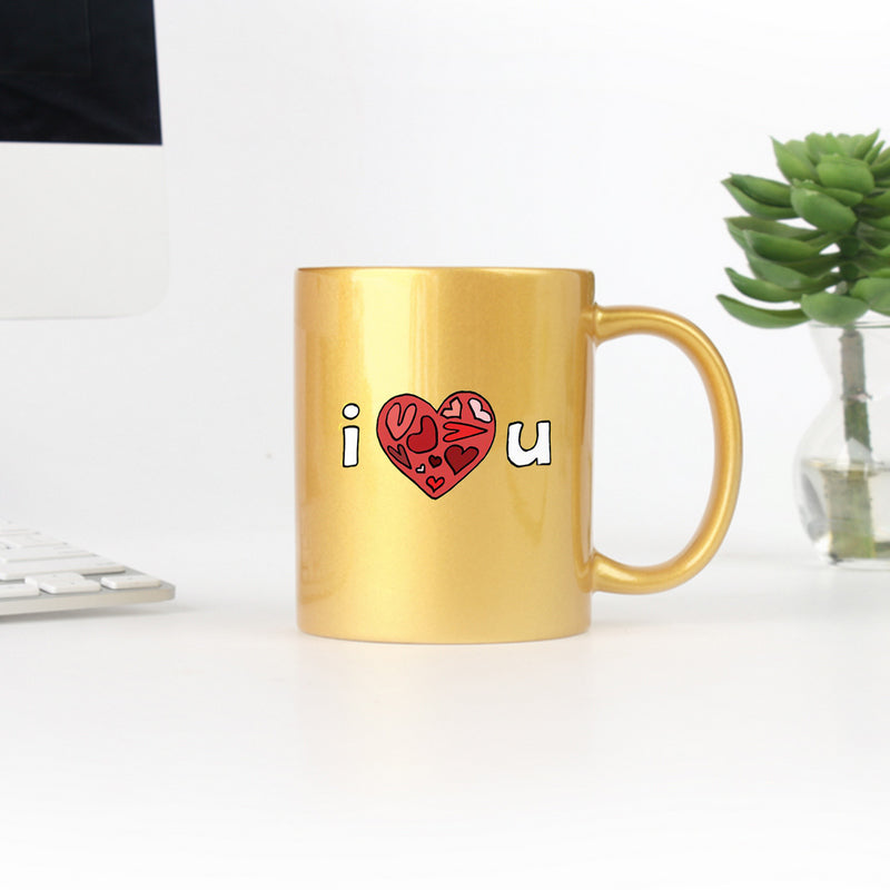 I Heart U Gold & Silver Mug with elegant design and gold metallic coating, perfect for beverages and gifting.