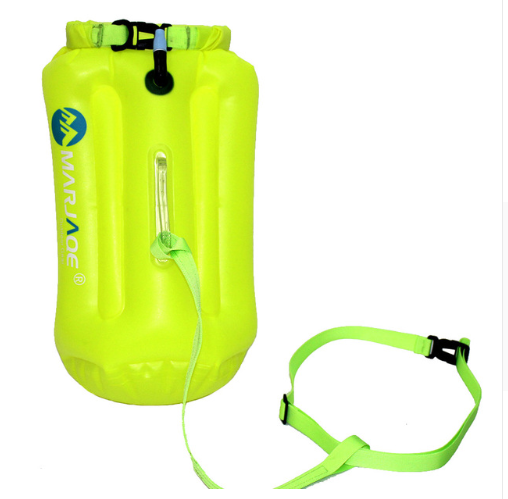 Inflatable Storage Swimming Float in bright colors, showcasing its waterproof design and storage capacity for personal items.