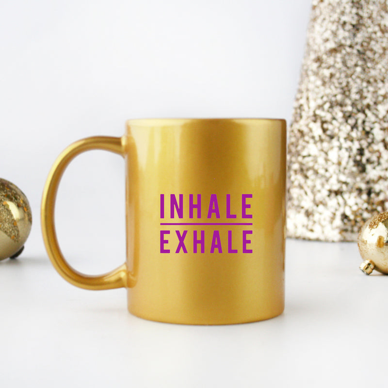 Inhale Exhale Gold & Silver Mug showcasing elegant design with gold metallic coating on ceramic.