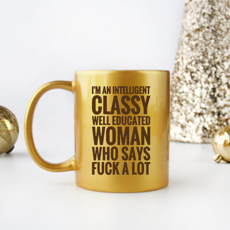 Elegant gold and silver ceramic mug designed for classy women, featuring a luxurious metallic finish.