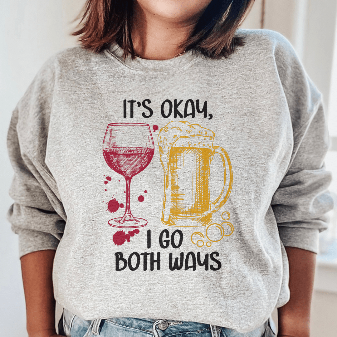 Cozy 'It's Ok I Go Both Ways' sweats featuring unique designs by top artists, made from cotton/poly fleece blend.