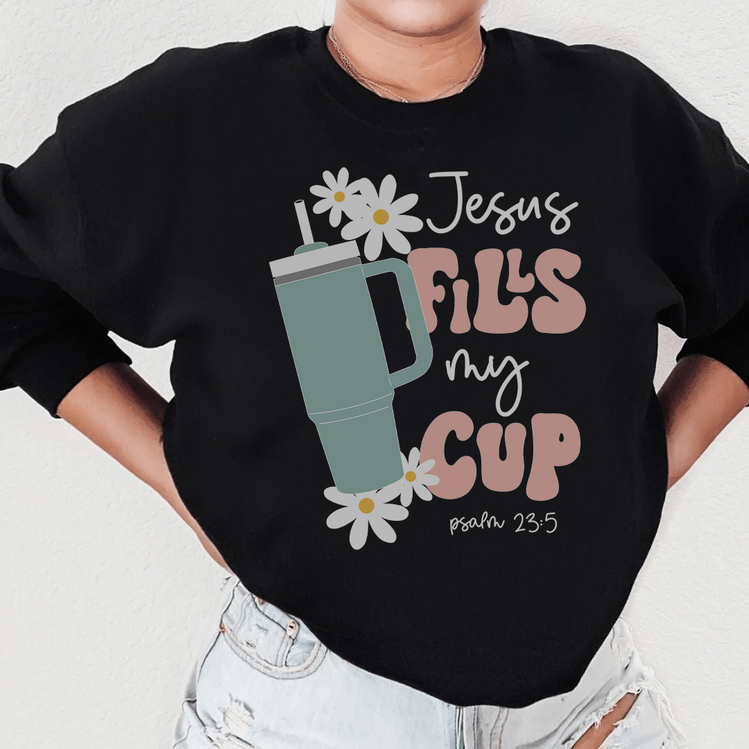 A cozy Jesus Fills My Cup Psalm hoodie featuring a warm fleece lining and adjustable cuffs, perfect for expressing faith and style.