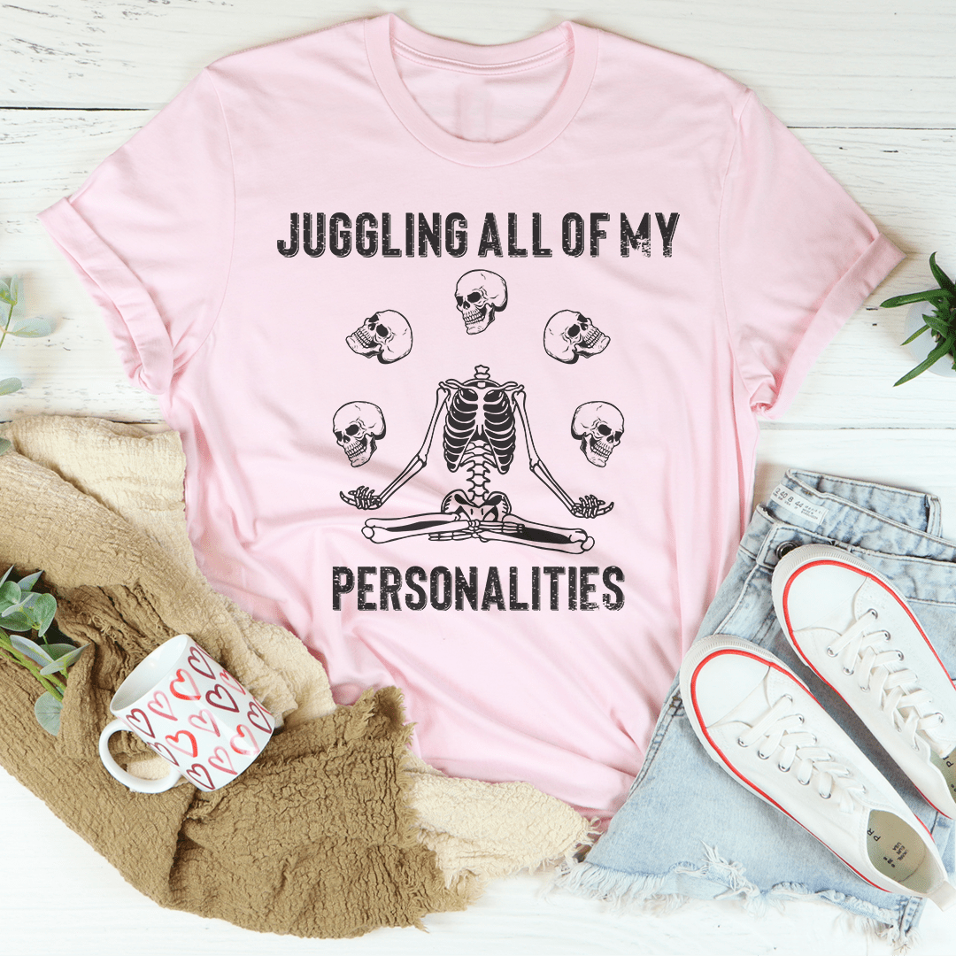 A stylish Juggling All Of My Personalities T-Shirt made from soft ring-spun cotton, featuring a fun design and durable stitching.