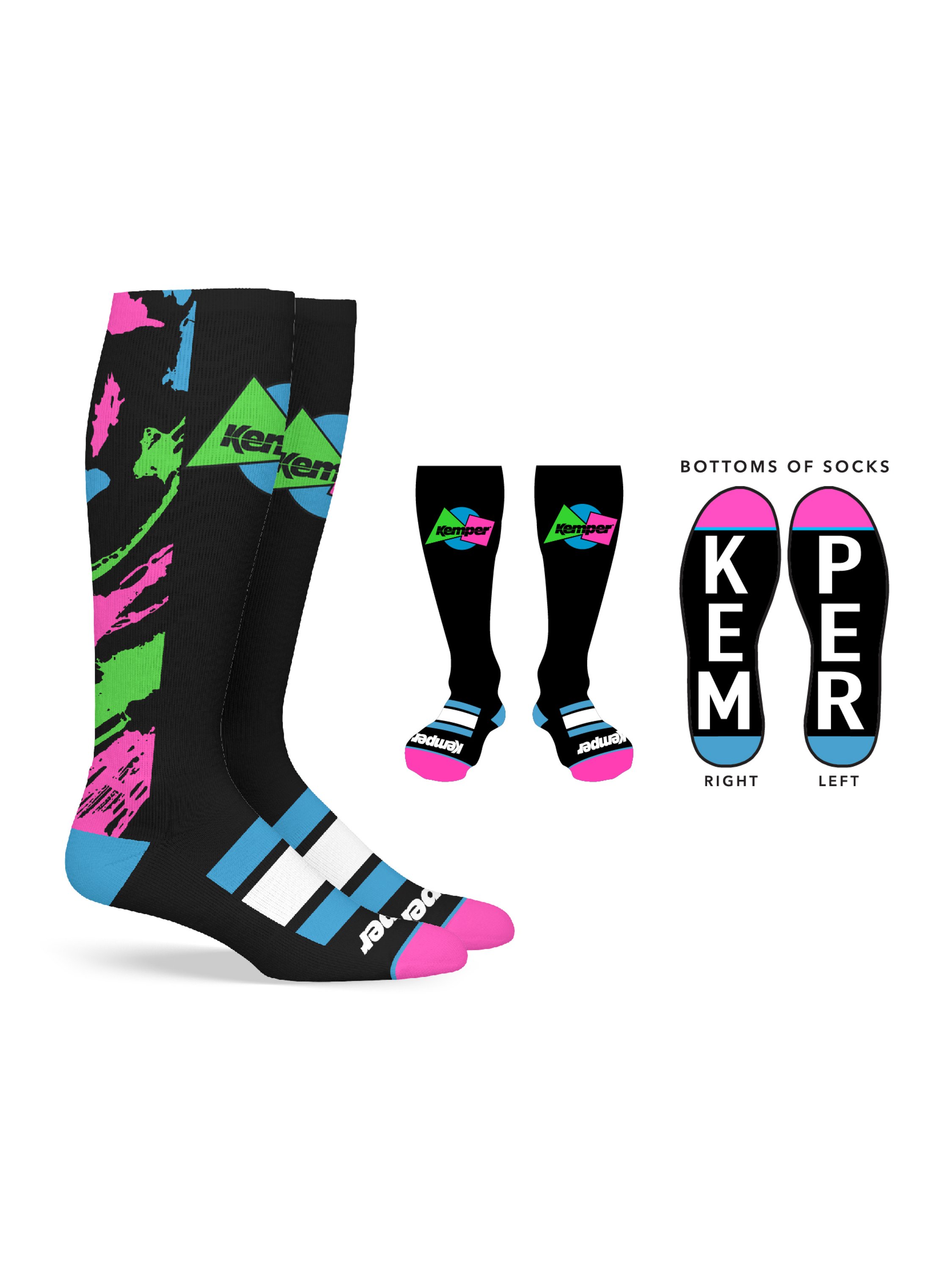 Kemper Snowboards Rampage Knee Snowboard Sock featuring retro stripes, designed for comfort and performance on the slopes.