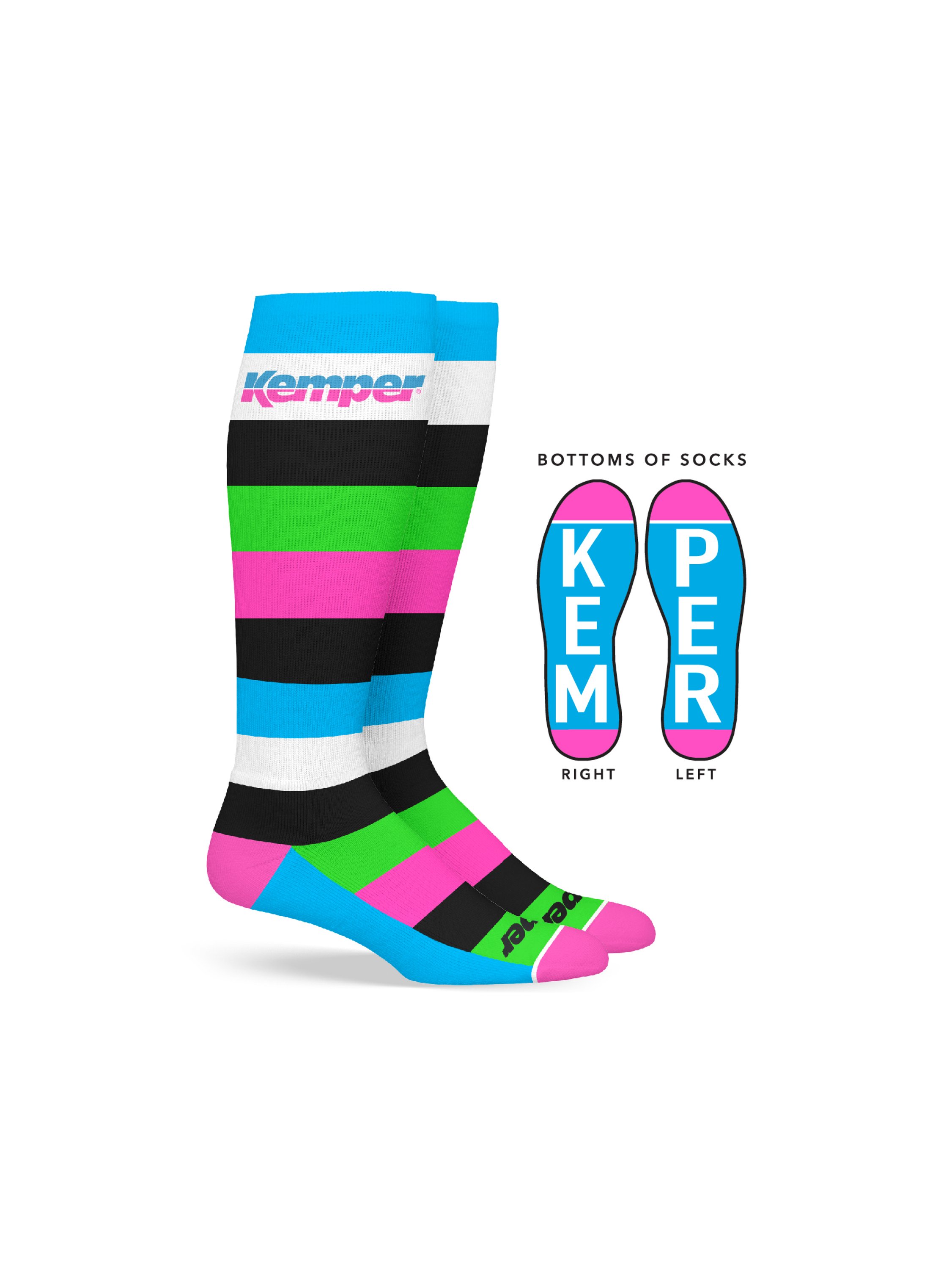 Kemper Snowboards Stripe Knee Snowboard Sock featuring retro stripes, designed for comfort and performance in snowboarding.