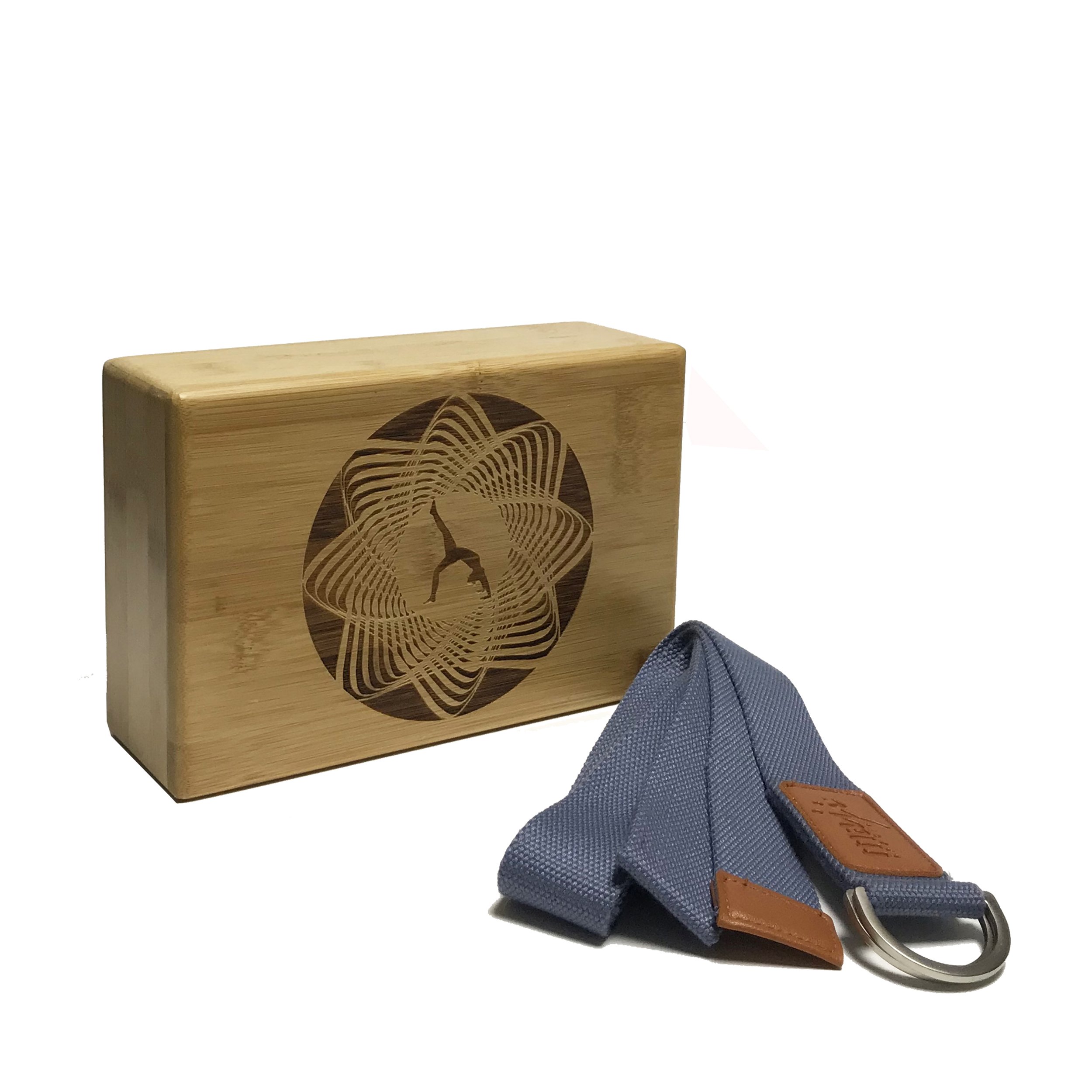 Laser Engraved Bamboo Block and Yoga Strap Combo, showcasing eco-friendly materials and elegant designs for yoga practice.
