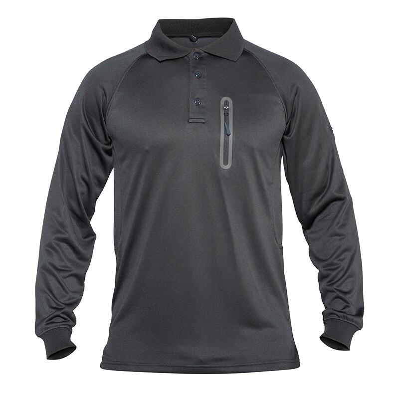 Men's long sleeve tactical polo shirt in various colors with zipper pockets, perfect for military and outdoor activities.