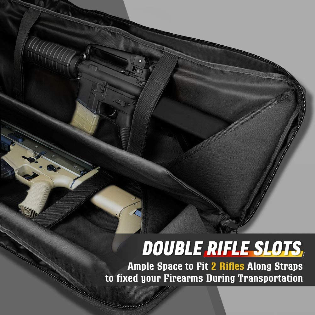 LUXHMOX Double Long Soft Rifle Case showcasing its rugged design and spacious compartments for rifles and accessories.