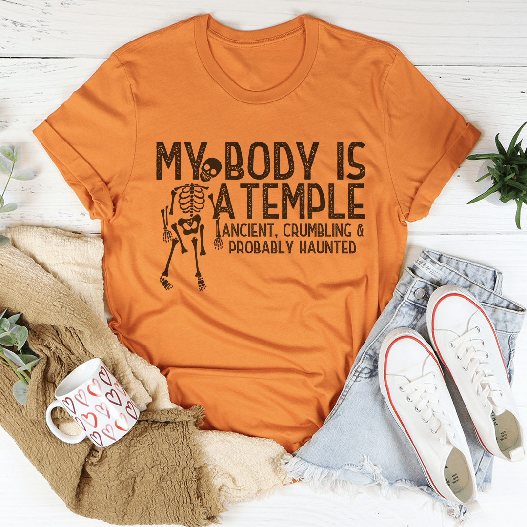 My Body Is A Temple Halloween Tee featuring a unique design, made from soft ring-spun cotton with double stitching for durability.