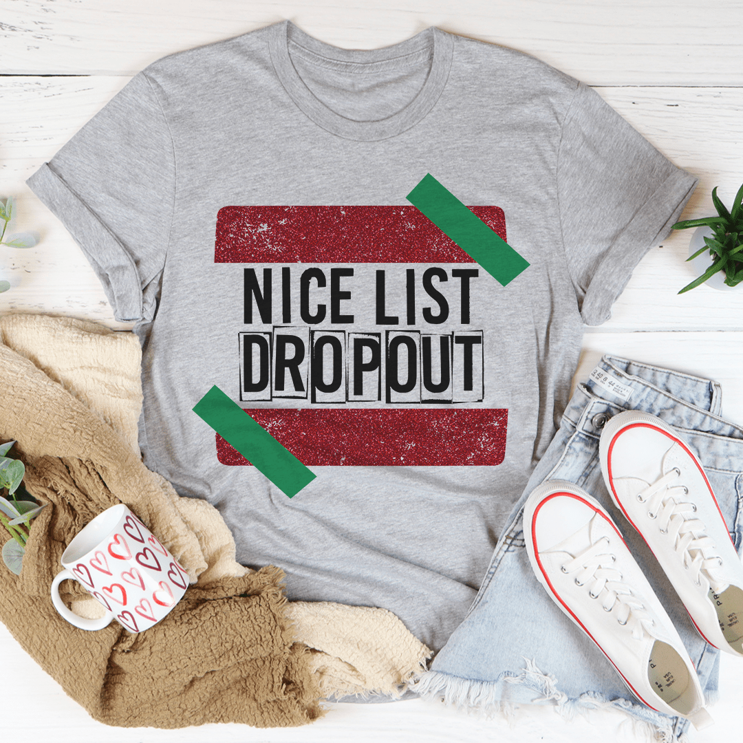 Nice List Dropout T-Shirt made of soft ring-spun cotton, featuring double stitching for durability, available in multiple sizes.