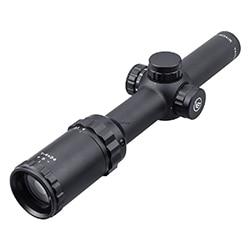 Optics Arbiter 1-4x24 Hunting Riflescope with illuminated reticle and long eye relief, designed for precision shooting.