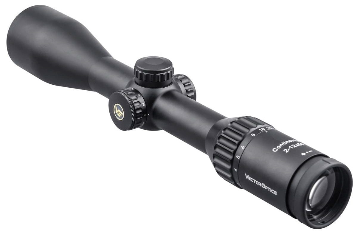 Optics Continental HD 2-12x50 Riflescope featuring illuminated dot reticle and German optics system, ideal for hunting.