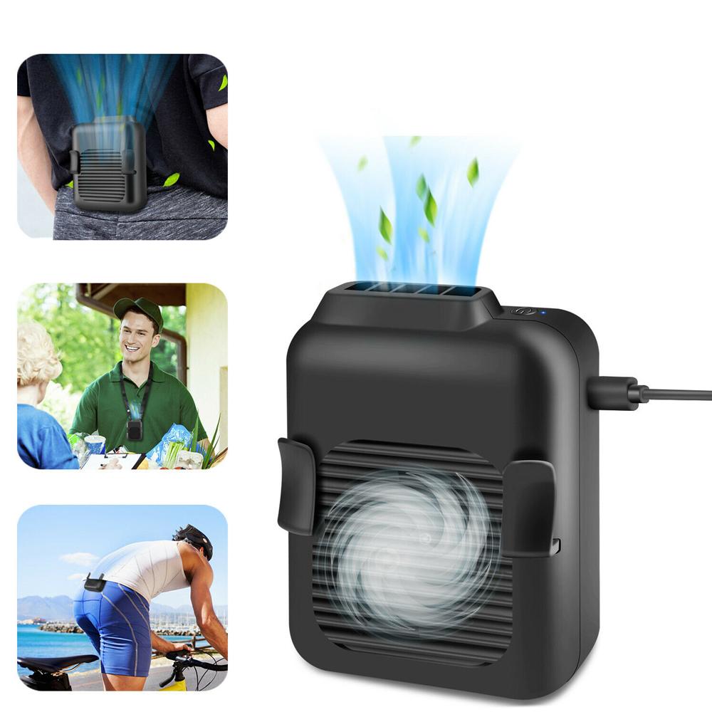 Portable Compact Cooling Fan with waist clip and neck strap, designed for hands-free cooling during outdoor activities.