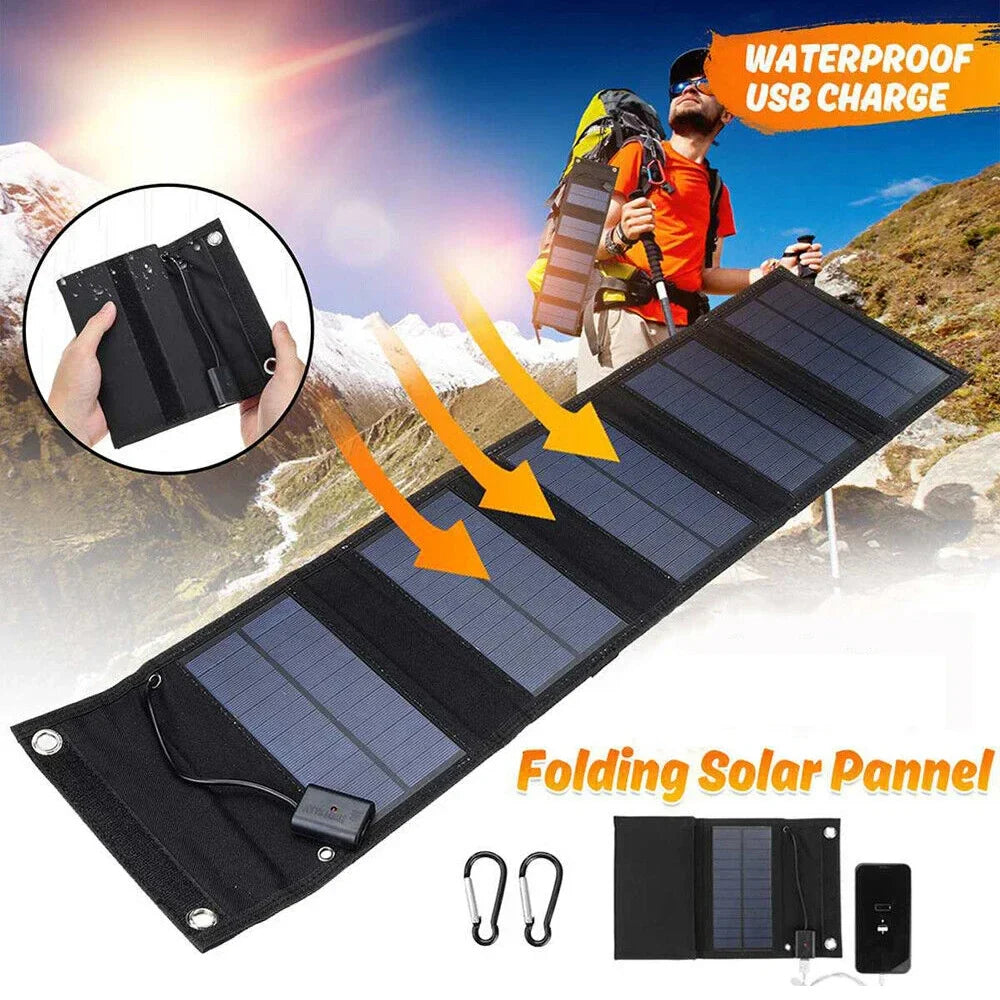 Portable solar panel with USB charging capability, designed for outdoor use, featuring a foldable and lightweight design for easy transport.