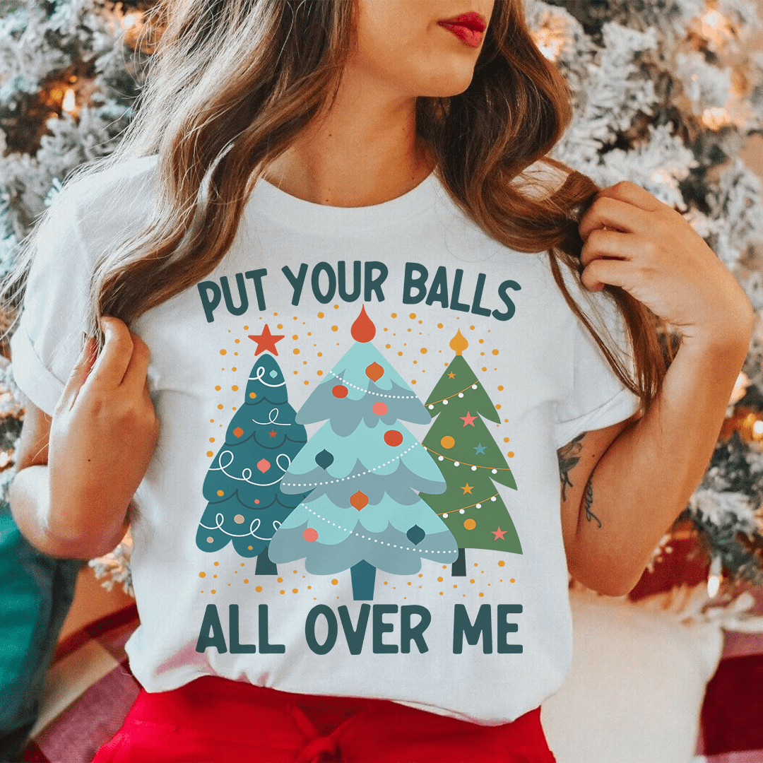 A festive Christmas t-shirt featuring a humorous design with a Christmas tree and playful text, made from soft cotton fabric.