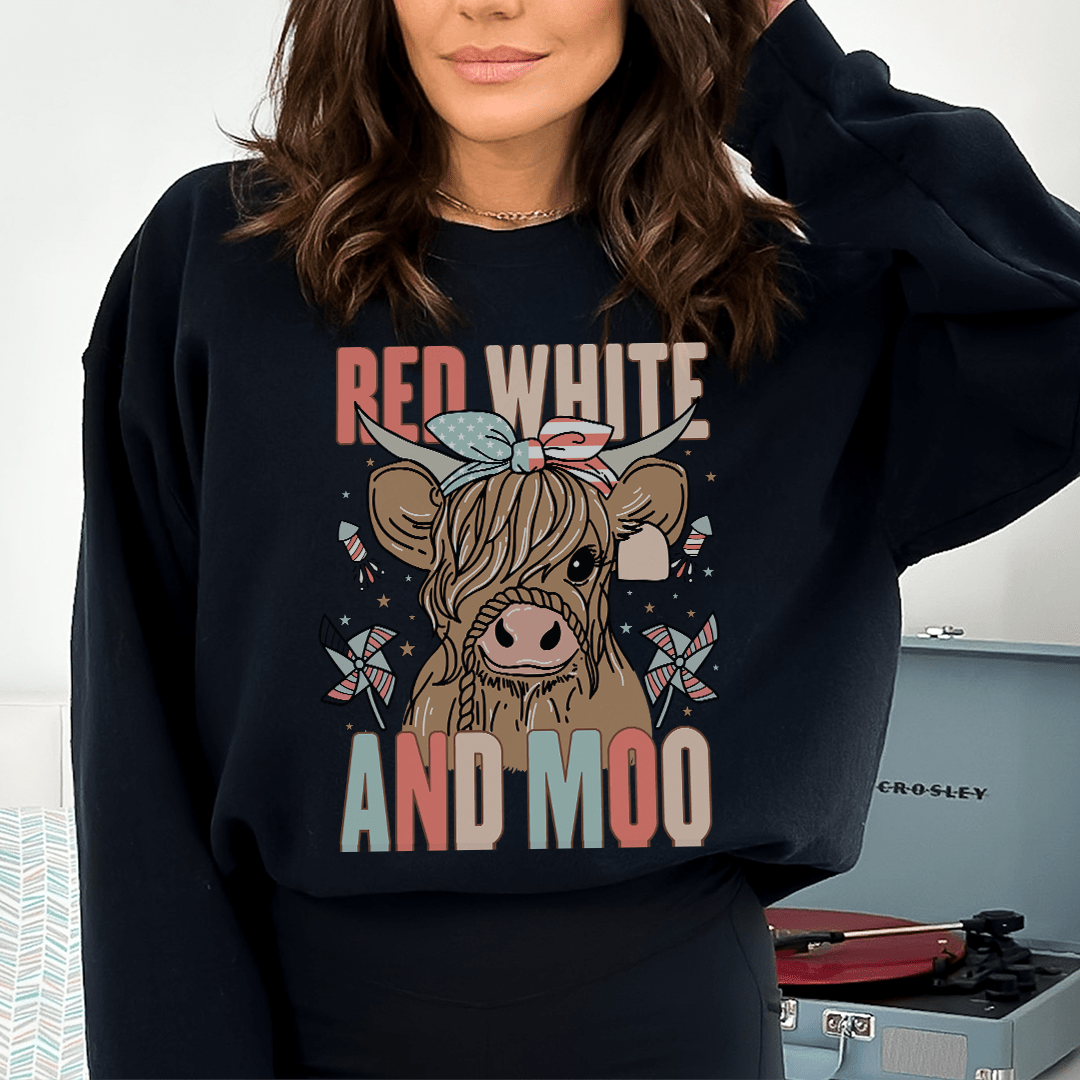 Red White And Moo hoodie featuring unique artistic designs and cozy fleece lining.